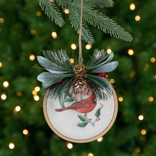 Northlight Cardinal and Pinecone "Joy to the World" Pine Disc Christmas Ornament - 5.25"